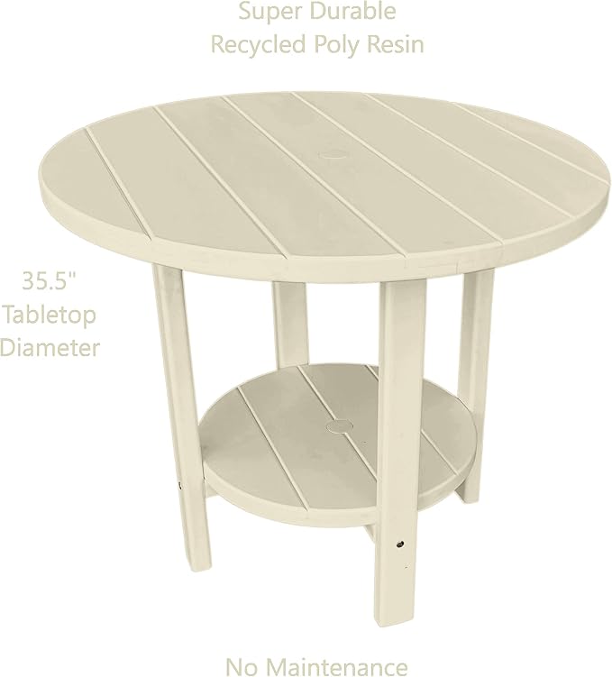 Phat Tommy Round Poly Resin Outdoor Patio Dining Table, All Weather Poly Patio Outdoor Furniture, White-VerdiqueGarden