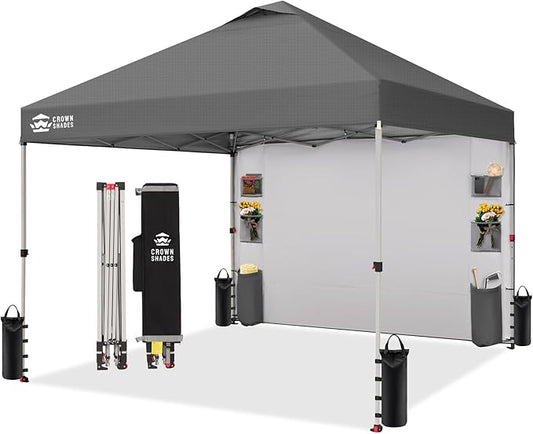 CROWN SHADES Canopy Tent 10x10 Pop Up Canopy Outdoor Shade with Pockets Sidewall, Easy Up Sun Shelter with One Person Set Up Center Lock, Portable Instant Camping Beach Canopies Tents, Grid Grey