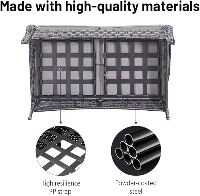 5 Piece Outdoor Patio Furniture Set - Wicker Furniture Patio Conversation Set, Outdoor Swivel Rocker Chairs with Loveseat Sofa and 2 Ottomans for Small Space, Gray Cushion-VerdiqueGarden