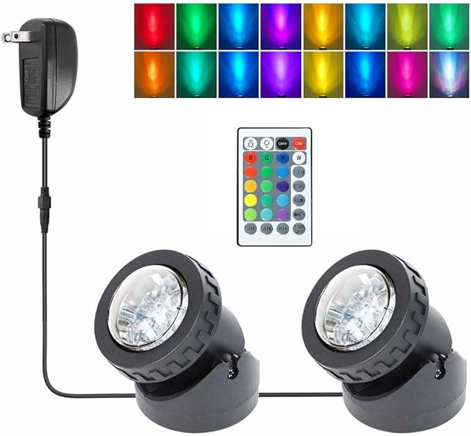 Pond Lights with Timer, Colored Fountain Lights IP68 Waterproof Pond Light, Underwater LED Dimmable Outdoor Lights for Fish Tank Pond Fountain Garden Landscape, 2 Lights-VerdiqueGarden