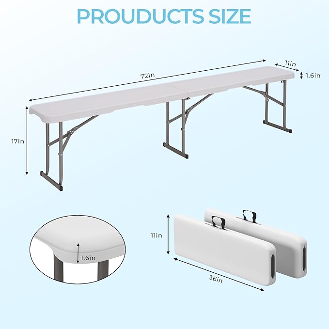 6ft HDPE Folding Bench, Foldable Seat with Sturdy Frame and Security Lock for Indoor and Outdoor, Multipurpose Entertaining Activities, Portable and Easy to Store, 2 Pack, White-VerdiqueGarden
