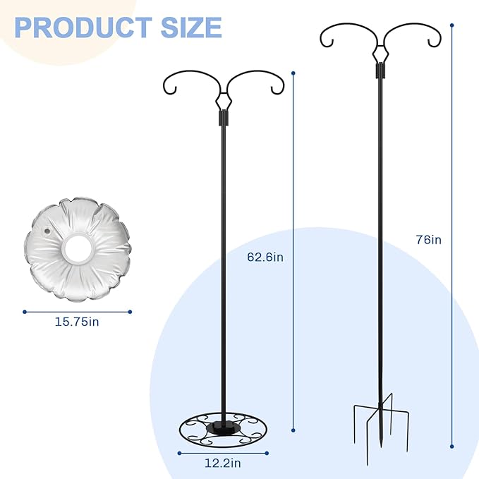 Liitrton 62.6 Inch Shepherds Hooks for Outdoor, Adjustbale Double Shepherds Hooks Hummingbird Feeder Stand Bird Feeder Pole Wind Chime Stand with Round Base, 4 Prongs Base and Water Weight Bag-VerdiqueGarden