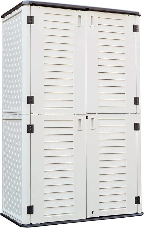 KINYING Outdoor Storage Cabinet Waterproof, Resin Vertical Outdoor Storage Shed for Patio Furniture, Garden Tools, Pool Accessories, Mower Storage (66 Cu.ft, Off White)-VerdiqueGarden