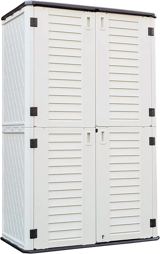 KINYING Outdoor Storage Cabinet Waterproof, Resin Vertical Outdoor Storage Shed for Patio Furniture, Garden Tools, Pool Accessories, Mower Storage (66 Cu.ft, Off White)-VerdiqueGarden