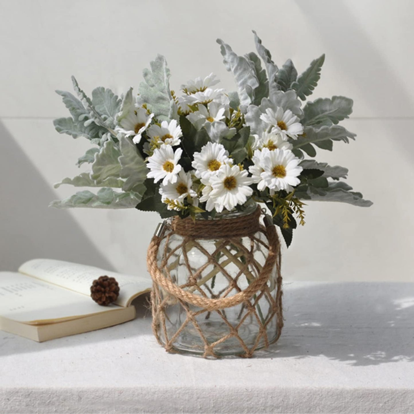 Rustic Hanging Mason Nautical Jar Creative Rope Net Dry Flower Glass Vase with Handle 6.5 Inch-VerdiqueGarden