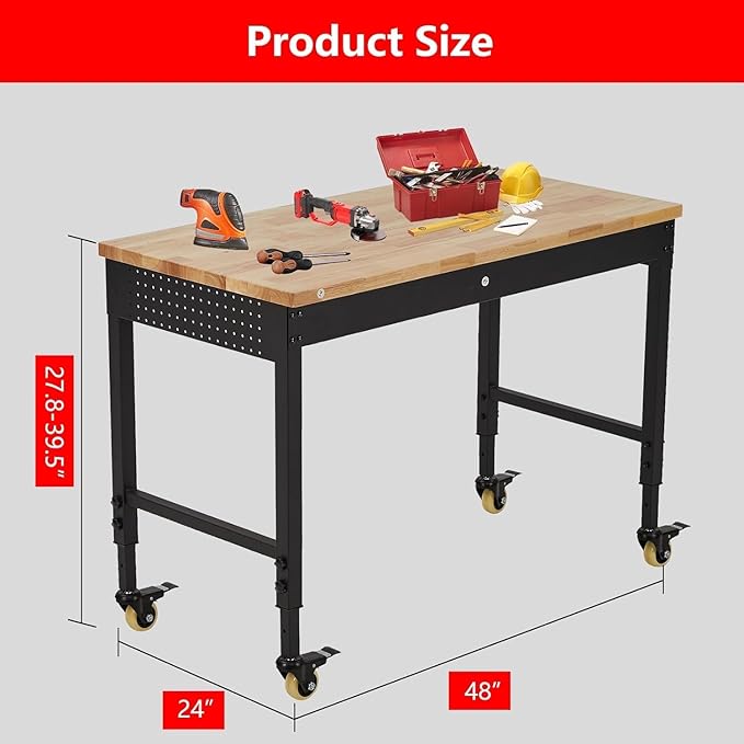 48'' Adjustable Workbench on Wheels, 2000LBS Heavy Duty Worktable with Power Outlets & Drawers & Pegboard, Rubberwood Workstation for Workshop, Garage, Office, Home-VerdiqueGarden