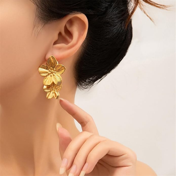 Flower Earrings for Women,Boho Statement Large Double Flower Earrings Trendy Chunky Floral Stud Earrings Elegant Chic