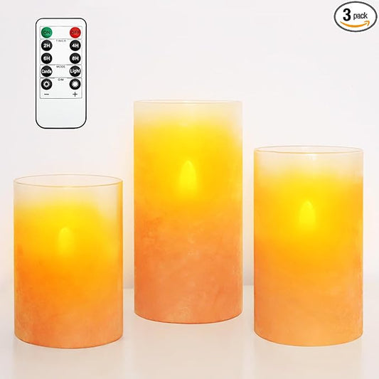 Orange Flameless Candles - Battery Operated Candles with Remote Orange Glass Sandblasted Design Wax Unscented - Centerpieces for Dinner Table Tray House Warming Thanksgiving Gifts-VerdiqueGarden