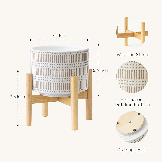 LA JOLIE MUSE Ceramic Plant Pot with Wood Stand - 7.3 Inch Modern Round Decorative Flower Pot Indoor with Wood Planter Holder, Beige and White-VerdiqueGarden