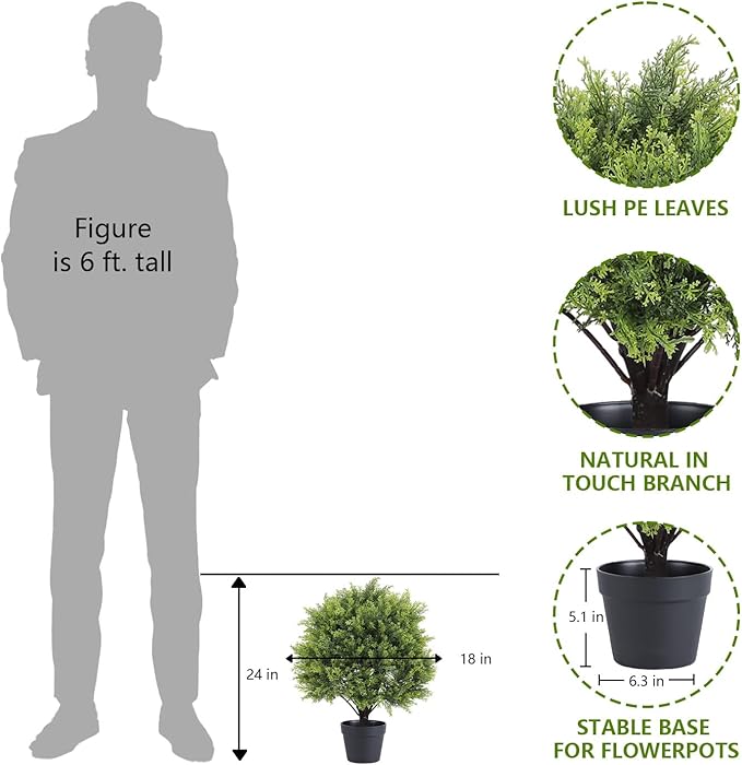 THE BLOOM TIMES 2ft Artificial Topiary Ball Trees Outdoor Set of 2, 24" Tall Faux Cedar Plants Outside UV Resistant Greenery Fake Evergreen Potted Bushes and Shrubs for Front Porch Patio Planter Decor-VerdiqueGarden