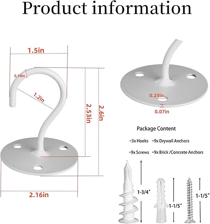 Ceiling Hooks for Hanging Plants - Metal Heavy Duty Wall Mounted Hangers for Hanging Bird Feeders, Planters, Wind Chimes, Include Professional Drywall Anchors (3-Pack (White)-VerdiqueGarden