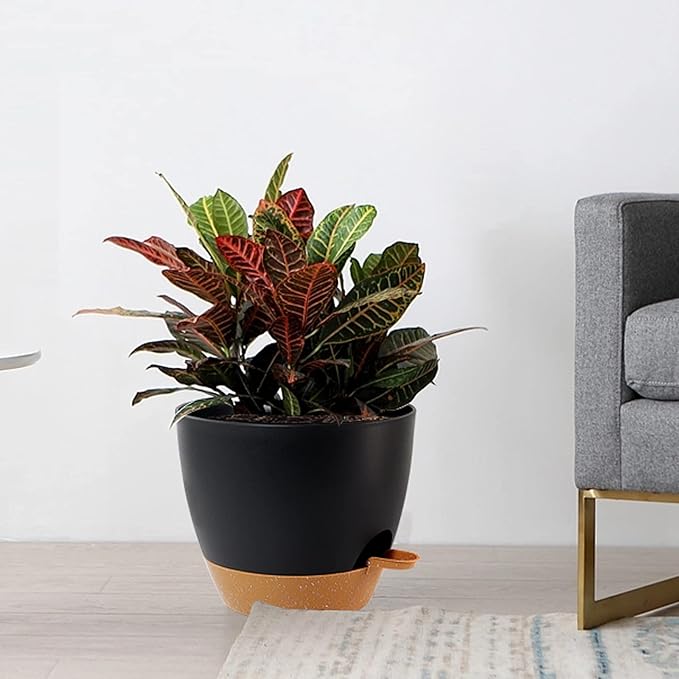 10/9/8 inch Self Watering Pots, Set of 3 Plastic Planters with Mesh Drainage Holes and Deep Reservoir for Indoor Outdoor Garden Plants and Flowers, Black with Brown-VerdiqueGarden