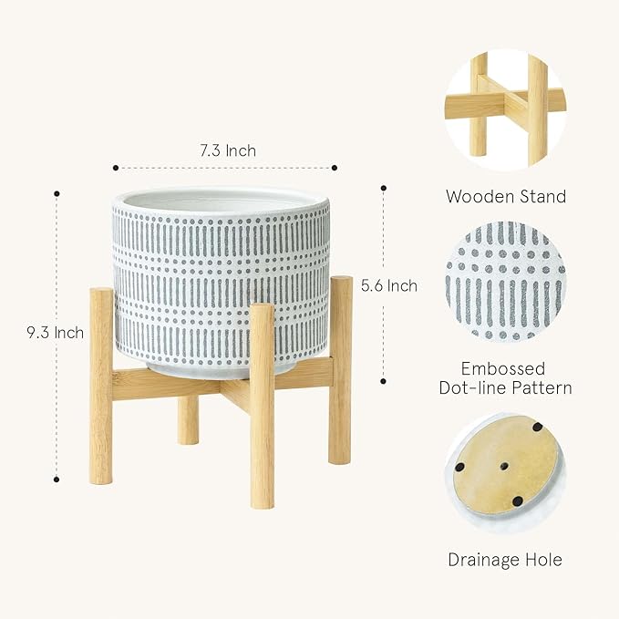 LA JOLIE MUSE Ceramic Plant Pot with Wood Stand - 7.3 Inch Modern Round Decorative Flower Pot Indoor with Wood Planter Holder, Slate Blue and White-VerdiqueGarden