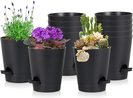 12 Pack 4 Inch Self Watering Plant Pots with Drainage and Saucers，Plastic Flower Pots for Indoor and Outdoor Plants, Nursery Planters for Houseplants and Herbs Black, 4 inch 12pcs-VerdiqueGarden