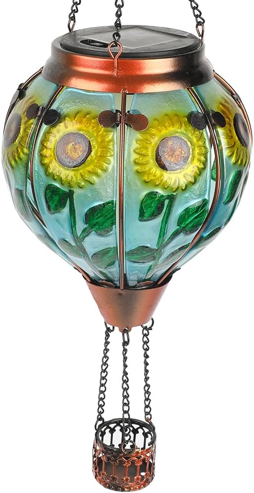 Hot Air Balloon Solar Lantern with Flickering Flame, Glass Hanging Garden Lights Outdoor Waterproof for Tree Yard Patio Mother's Day Gift, 18" H Sunflower-VerdiqueGarden