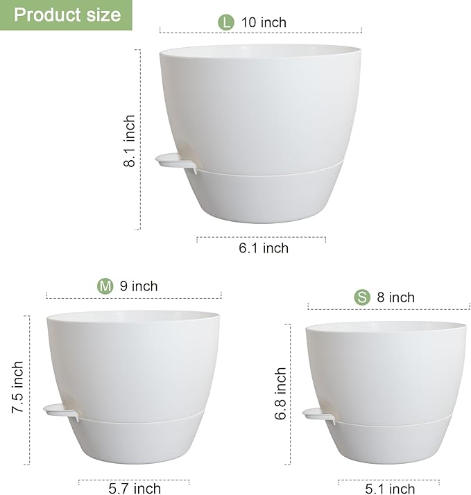 10/9/8 inch Medium Self Watering Pots, Plant Pots with Mesh Drainage Holes for Indoor Outdoor Garden Plants, Flower Pots with Removable Reservoir, Set of 3 Plastic Planters, White-VerdiqueGarden