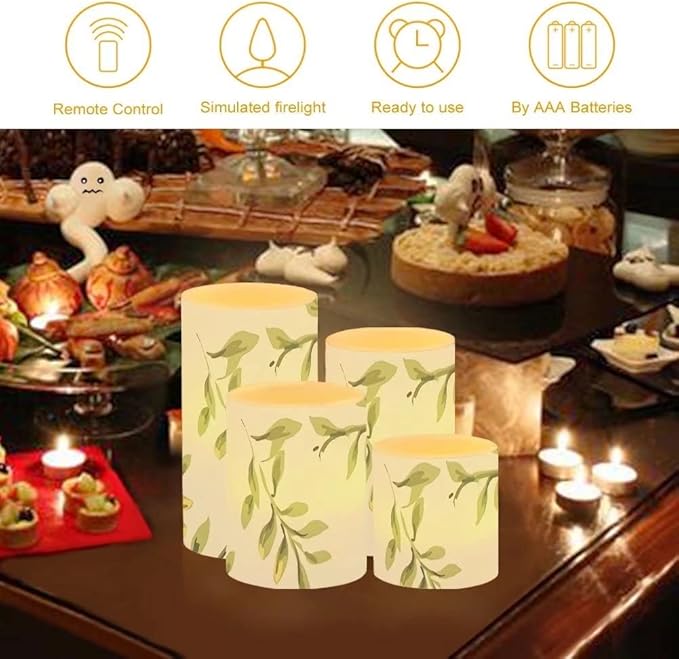 Green Leaves Flameless Candles Battery Operated Candles Set of 4 with 18-Key Remote Control Timer Dancing Flame Pillar Candles for Home Beach Hotel-VerdiqueGarden