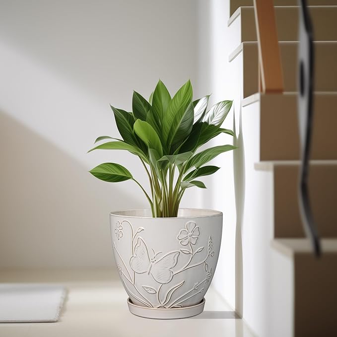 10 Inch Plant Pot Ceramic Planter Pot with Drainage Hole and Saucer Round Planter Large Flower Pot for Indoor Outdoor Plants Home Garden Decor White-VerdiqueGarden