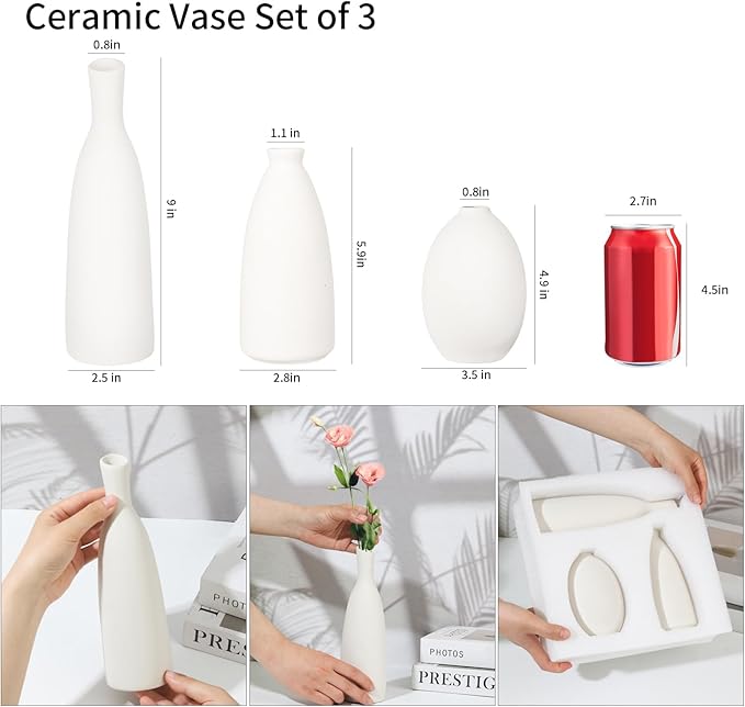 Ceramic Vase Set of 3, Small Flower Vase for Home Decor, Decorative Vases for Pampas Grass & Dried Flowers, Living Room, Bedroom, Bathroom, Shelf Centerpiece Table Decorations-VerdiqueGarden