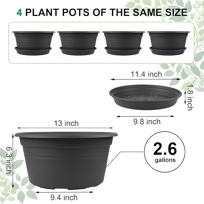 Large Flower Pots Set of 4 Pack 13 inch, Plant Pots Large Outdoor Planters with Drainage Hole & Tray Saucer, Decoration Plastic Pots for Plants for Indoor Outdoor Garden Home Plants Planter (Grey)-VerdiqueGarden