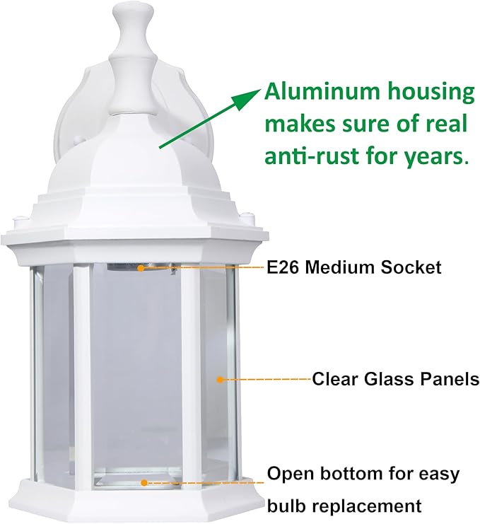 LIT-PaTH Outdoor Wall Lantern, Wall Sconce as Porch Lighting Fixture, E26 Medium Base Max 60W, Aluminum Housing Plus Glass, Matte White Finish, 1-Pack-VerdiqueGarden