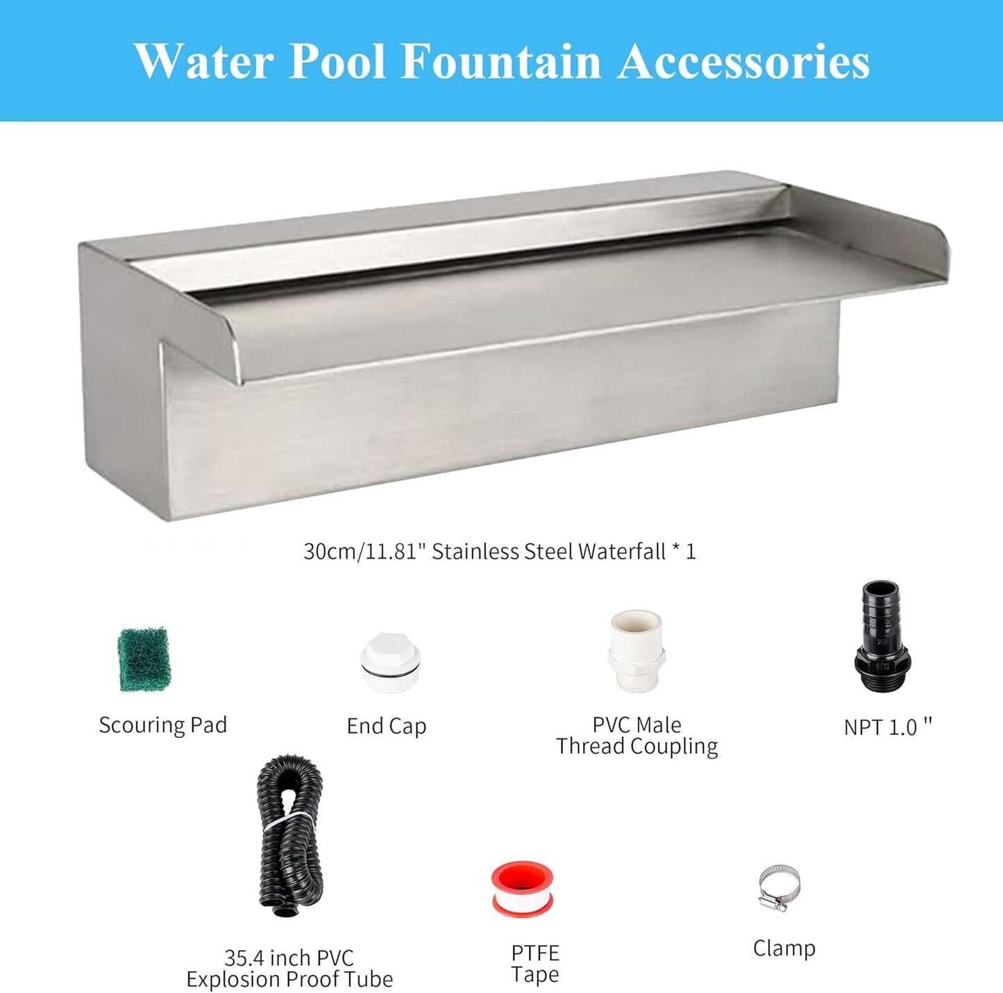 12 Inch Pool Fountain 304 Stainless Steel Waterfall Spillway with Pipe Connector Kits, Wider Water Flow Sheer Descent Platform Water Feature Fountain for Swimming Pool, Outdoor Garden Decor-VerdiqueGarden