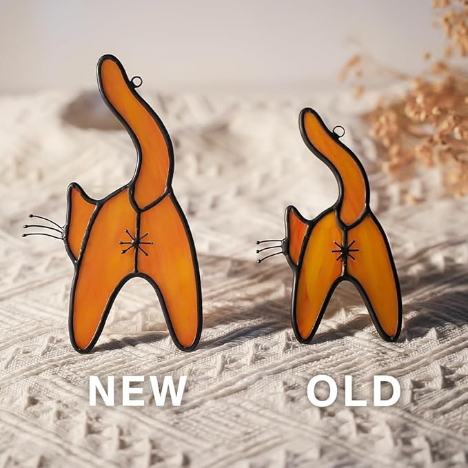 Orange Cat Stained Glass Suncatcher for Window,Funny Cute Cat Decor Stained Glass Window Hanging,Cat Gifts for Cat Lovers,Cat Themed Gifts for Women Friends Girl Kids-VerdiqueGarden