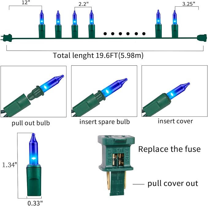 Ultra-Bright Connects End to End Blue Christmas Mini Lights 100L 19.6Ft UL Listed Incandescent Bulb String Light Set for Indoor Outdoor Holiday Garden Party Christmas Tree Garland Decor-VerdiqueGarden