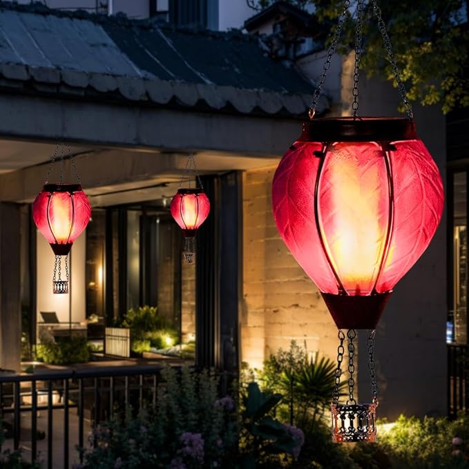 Starsoul Purple Hot Air Balloon Solar Lantern with Flickering Flame Light Glass Solar Powered Hot Air Balloon Lamp Waterproof Hanging Hot Air Balloon Led Lights-VerdiqueGarden