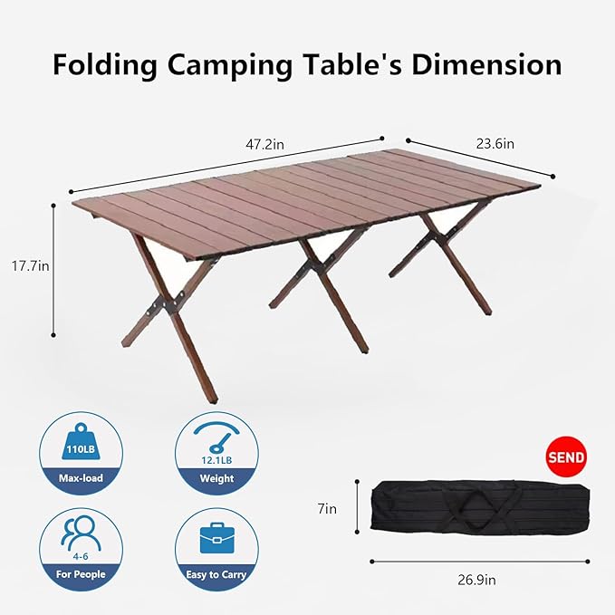 Folding Camping Table, 48Inch Lightweight Roll-Up Table Aluminum Low Portable Picnic Table with Carrying Bag for Outdoor, Beach, Picnic, Backyards, BBQ and Party Walnut Color-VerdiqueGarden