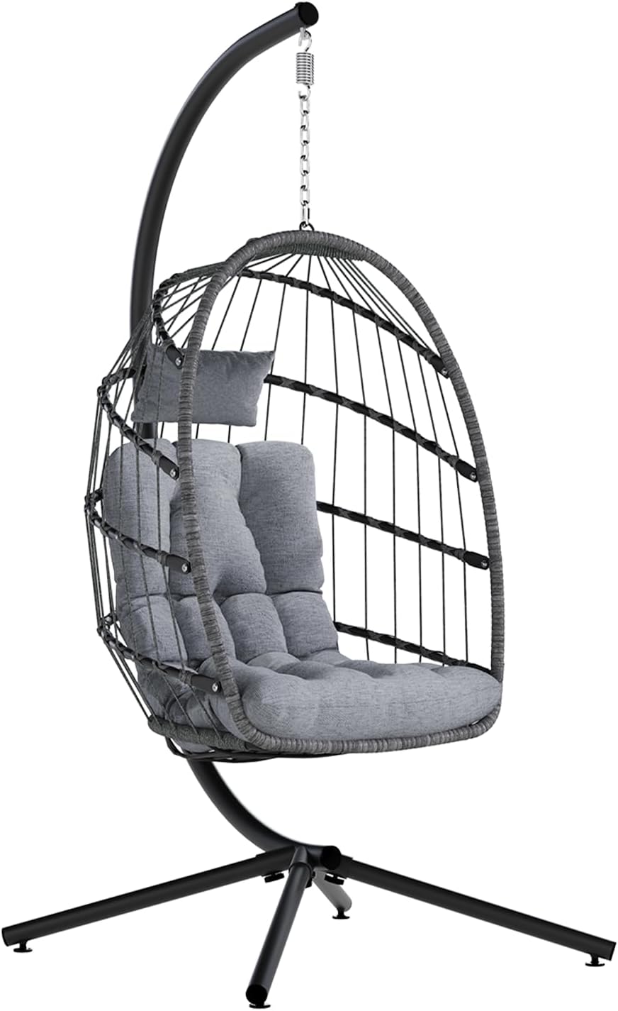 SWITTE Egg Chair Outdoor with Stand, Indoor Wicker Hanging Egg Swing Chair with Cushion, 350lbs Capacity for Patio, Bedroom, Garden - Light Grey-VerdiqueGarden