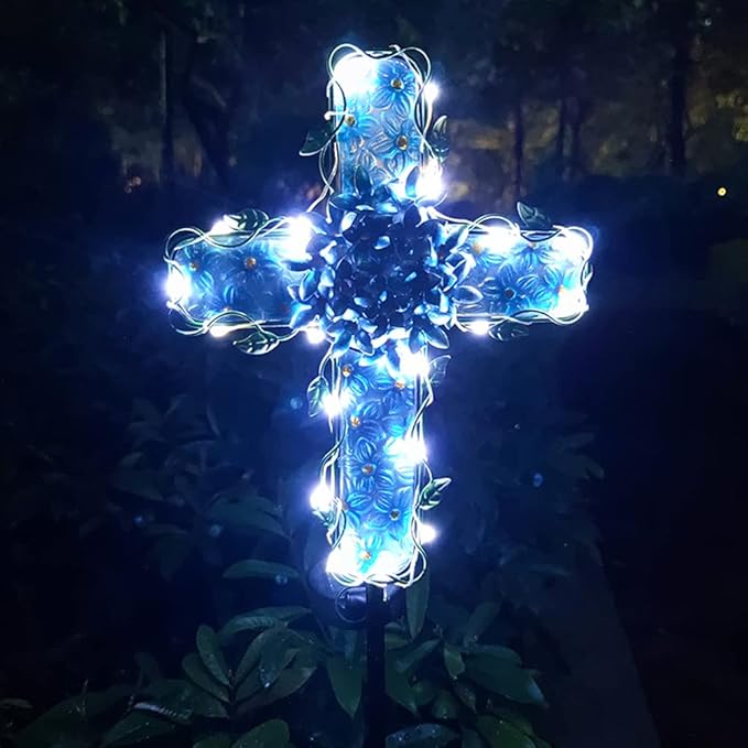 Solar Cross Garden Lights Outdoor Decorative - Solar Metal&Glass Cross Blue Hydrangea Flower Stake Lights- Waterproof 20 Warm White LED for Remembrance Gifts-VerdiqueGarden