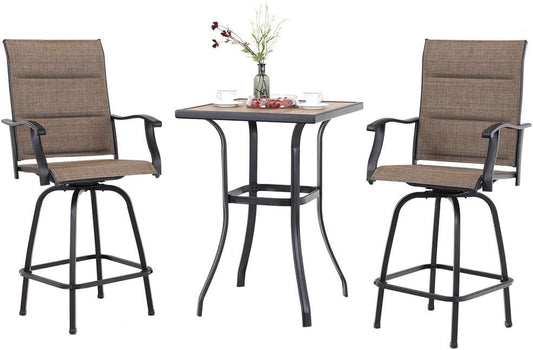 PHI VILLA 3 Piece Outdoor Swivel Bar Stools Set, Bar Height Patio Set with 2 Padded Textilene Fabric Chairs, All-Weather High Top Patio Bistro Table and Chairs Furniture, Brown-VerdiqueGarden