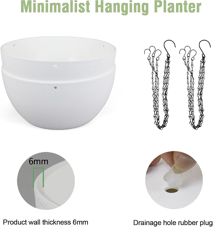 12 inch Large Hanging Planters for Indoor Outdoor Plants, 2 Pack Hanging Flower Pots with Drainage Holes and Chain for Garden Porch, Plastic Hanging Baskets for House Plants, White-VerdiqueGarden