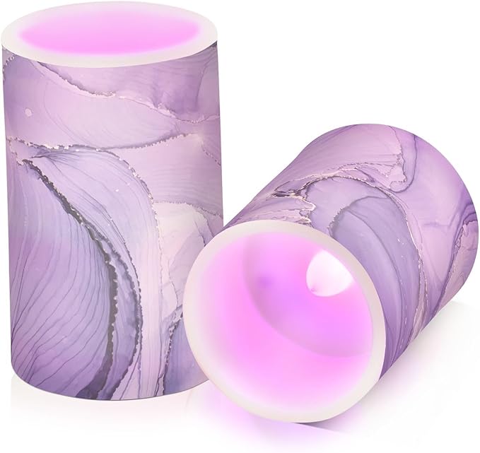 Flickering Flameless Candles, Purple Marble Lavender Liquid LED Candles with Remote Timer, Set of 2 Battery Operated Candle for Valentine Wedding Birthday-VerdiqueGarden