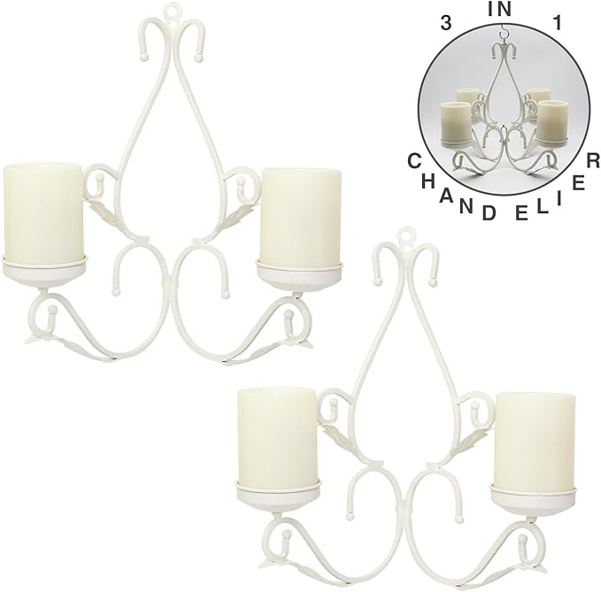 3 in 1 Lighting Chandelier, Metal Wall Sconce Set of 2, Table Centerpiece for Indoor or Outdoor, Chain and Candles Included, White-VerdiqueGarden