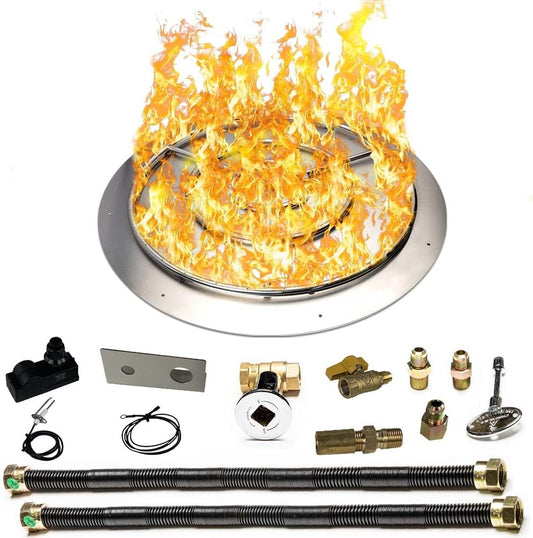 Stainless Steel Fire Pit Burner Pan & Ring Deluxe Kit for Liquid Propane, 36-Inch Pan, 30-Inch Ring, 200,000 BTU Max-VerdiqueGarden
