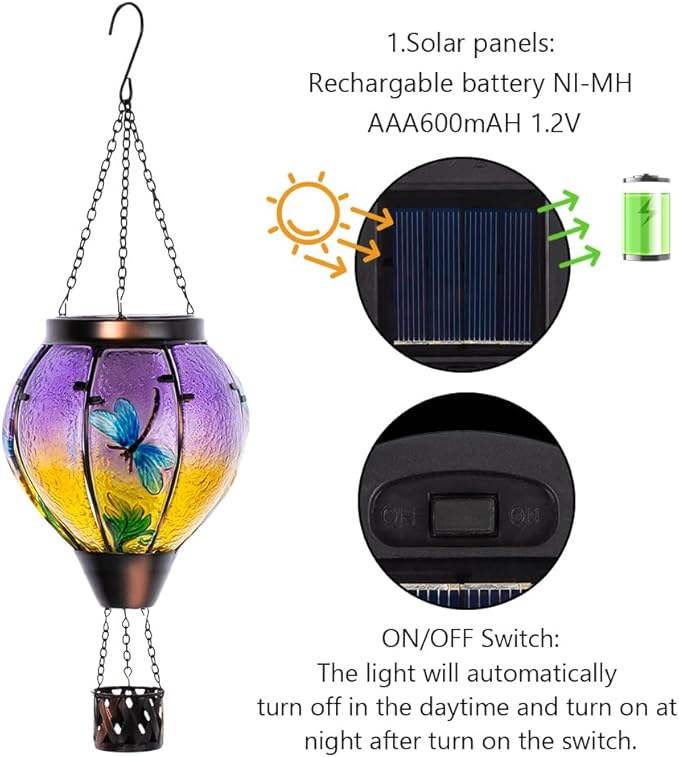 Starsoul Dragonfly Hot Air Balloon Solar Lantern Outdoor Glass Hanging Hot Air Balloon Lantern with Flame Light Waterproof for Patio Pathway Yard Porch Backyard Decor-VerdiqueGarden