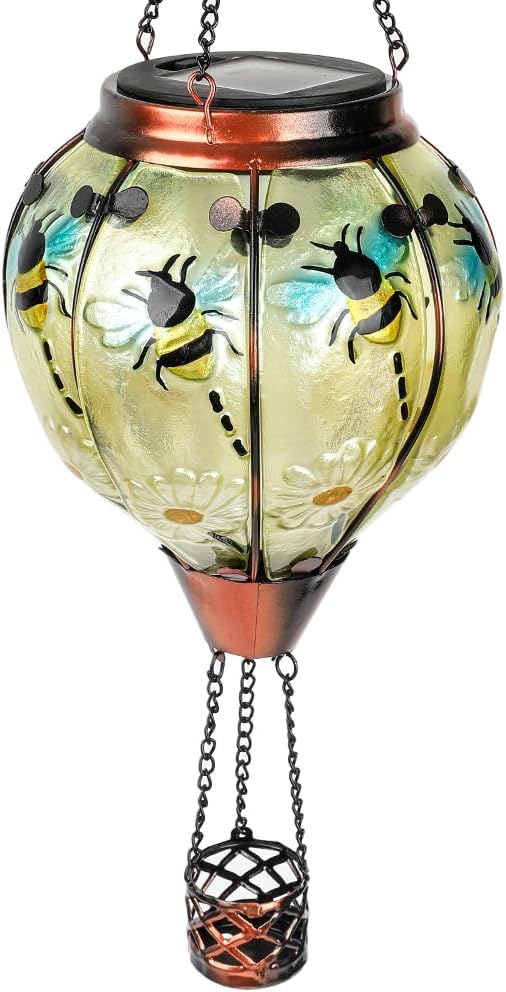 Hot Air Balloon Solar Lantern with Flickering Flame, Glass Hanging Garden Lights Outdoor Waterproof for Tree Yard Patio Mother's Day Gift, 18" H Bee-VerdiqueGarden