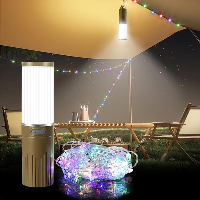 Camping Lantern with 49.2FT String, 2 in 1 Outdoor RGB String Lights with 4 Modes & 5 Modes Rechargeable Camping Lamp IPX4 Waterproof Portable LED Tent Light for Outdoor Yard Garden Decoration-VerdiqueGarden