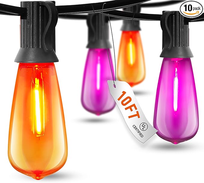 10Ft LED Outdoor String Lights, Halloween Orange Purple Lights with 10 0.6W ST40 LED Bulbs, Waterproof Connectable Patio Lights for Indoor Outdoor Backyard Garden Halloween Christmas Holiday Decor-VerdiqueGarden