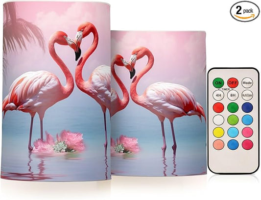 Flamingo Flameless Candles with Remote Control and Timer, Adjustable Brightness Long Lasting Battery Operated LED Pillar Candles for Indoor Outdoor Party Home Decor, 2 Pack-VerdiqueGarden