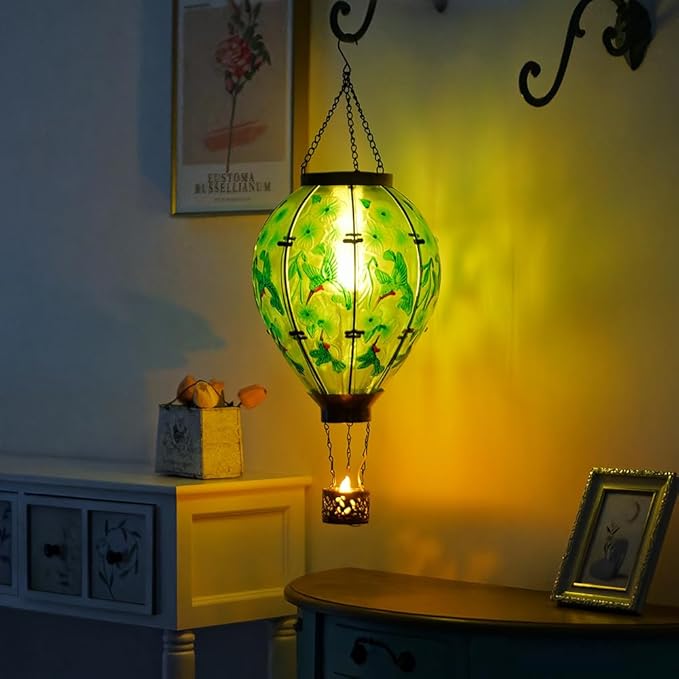 Starsoul Extra Large Solar Hot Air Balloon Lantern with Flame Hummingbird Glass Outdoor Hanging Hot Air Balloon Solar Light Waterproof Garden Patio Yard Party Decorations-VerdiqueGarden