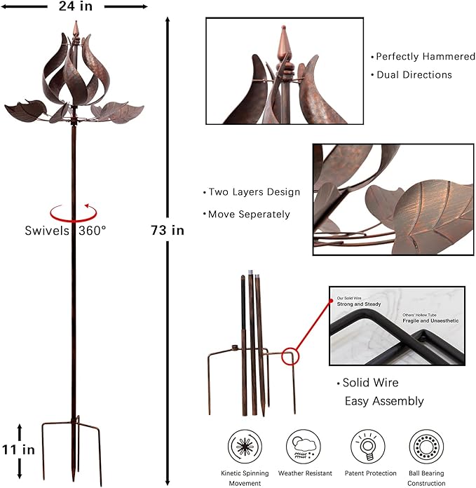 Tulip Wind Spinners Yard Garden - Large Copper Wind Sculptures & Spinners Outdoor Metal, Kinetic Yard Art Windmill Decor for Patio, Lawn (W24 x H73)-VerdiqueGarden