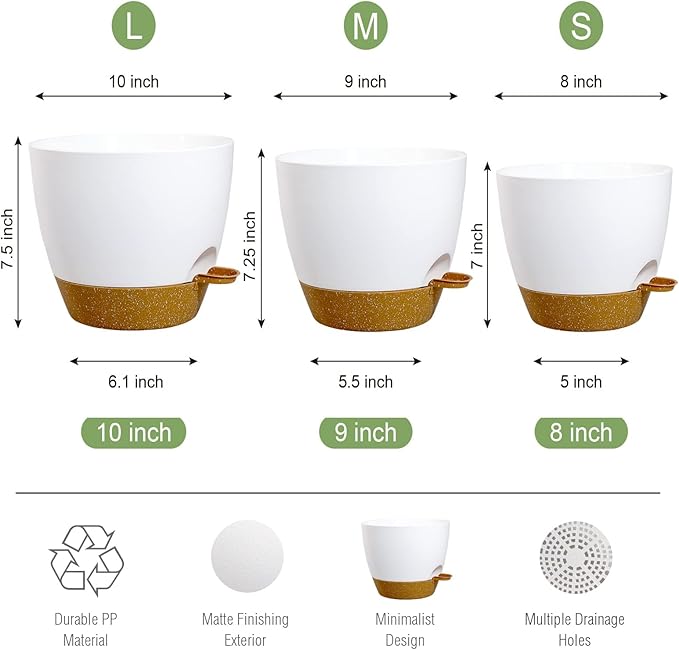 10/9/8 inch Self Watering Pots, Set of 3 Plastic Planters with Mesh Drainage Holes and Deep Reservoir for Indoor Outdoor Garden Plants and Flowers, White with Brown-VerdiqueGarden