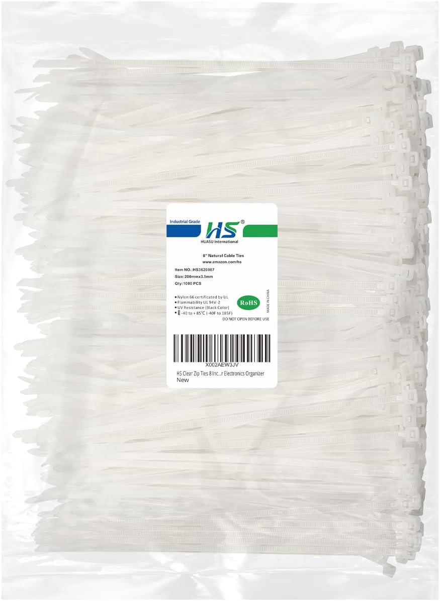 HS Clear Zip Ties 8 Inch (Bulk-1000 Pack) Nylon Cable Ties 40 Lbs Self-Locking Wire Ties for Electronics Organizer-VerdiqueGarden
