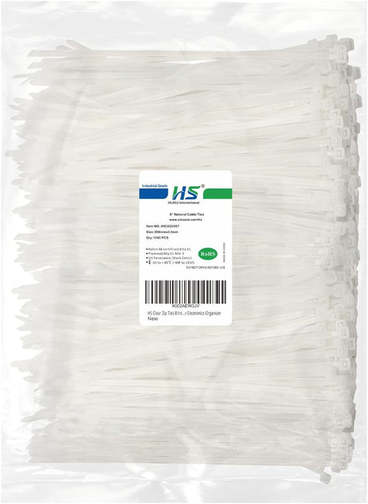 HS Clear Zip Ties 8 Inch (Bulk-1000 Pack) Nylon Cable Ties 40 Lbs Self-Locking Wire Ties for Electronics Organizer-VerdiqueGarden