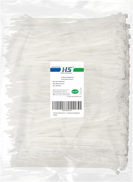 HS Clear Zip Ties 8 Inch (Bulk-1000 Pack) Nylon Cable Ties 40 Lbs Self-Locking Wire Ties for Electronics Organizer