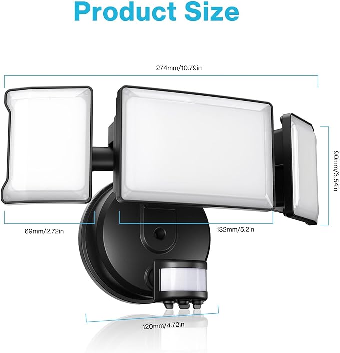 Olafus 65W Motion Sensor Outdoor Light, 2 Pack LED Security Light 6000LM, 6500K Exterior Motion Flood Light with 3 Adjustable Heads, for Outside Garage, Yard, Patio, IP65 Waterproof, Black-VerdiqueGarden