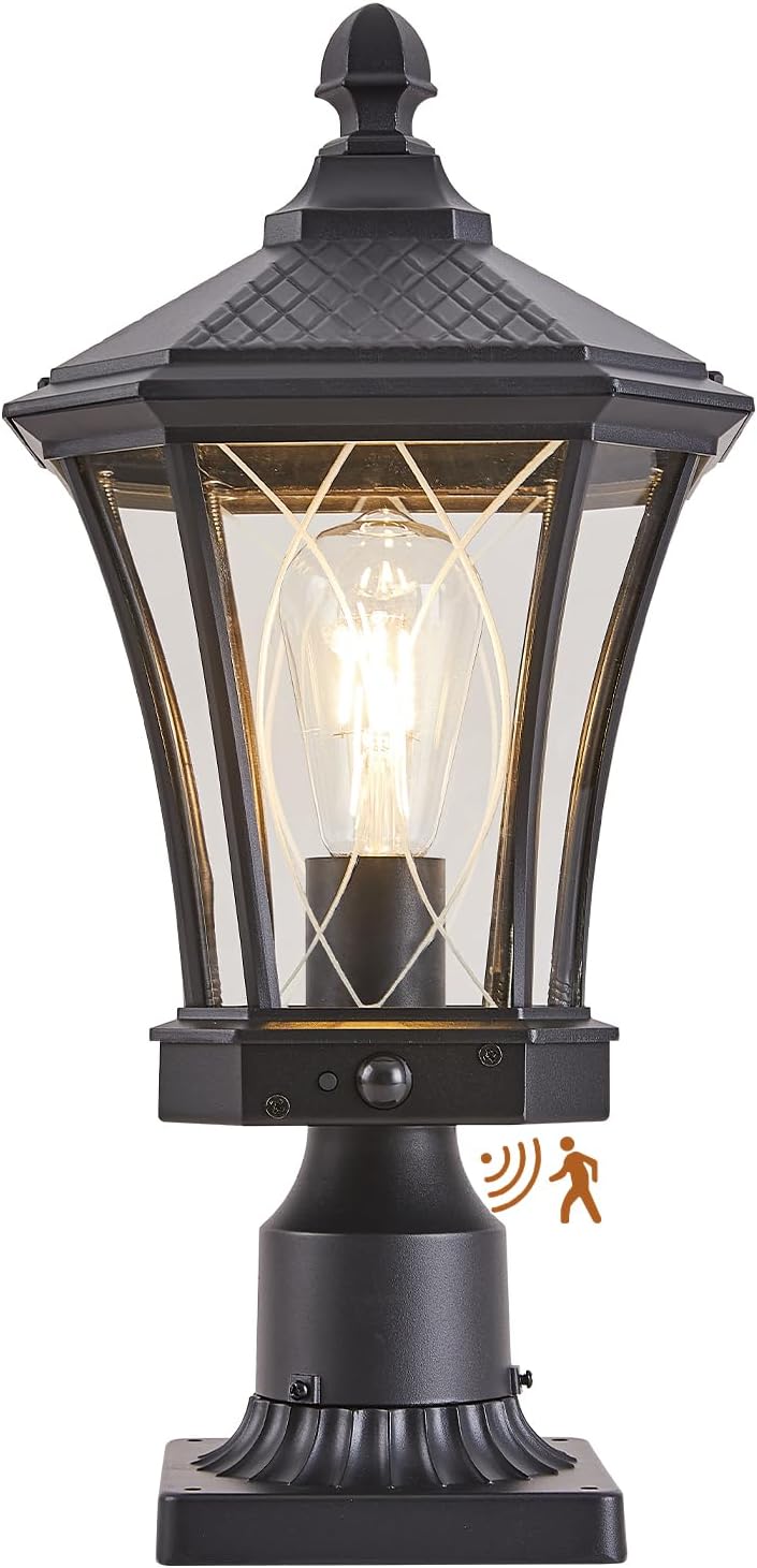 Motion Sensor Outdoor Post Lights with Pier Mount Base, Dusk to Dawn Outdoor Pillar Lamps Waterproof Exterior Post Lamp with Patterned Glass Outdoor Pole Lights for Patio, Porch, Gate-VerdiqueGarden